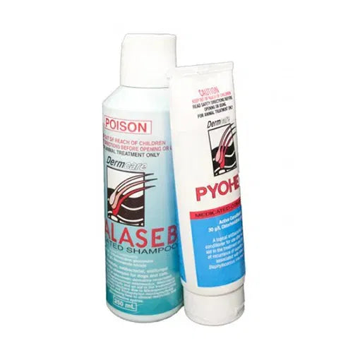 Two bottles of Alase B shampoo and Pyoherm cream on a white background at Pet Servo