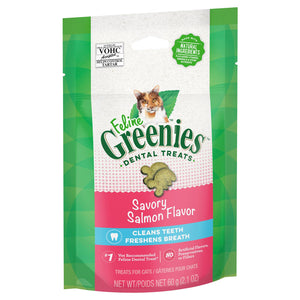 Feline Greenies Savory Salmon Flavor dental treats 60 gm 5 pack packaging on a white background at Pet Servo