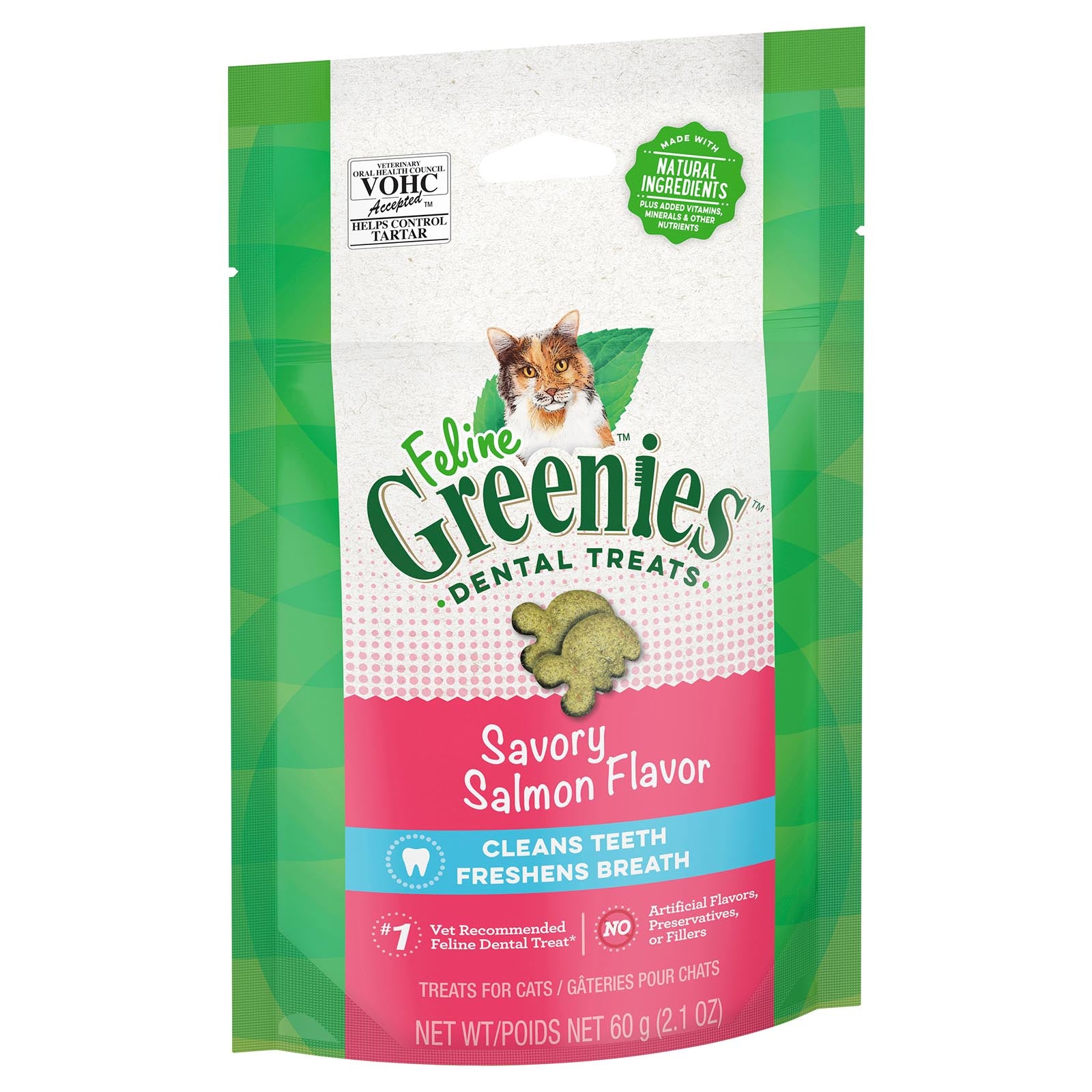 Feline Greenies Savory Salmon Flavor dental treats 60 gm 5 pack packaging on a white background at Pet Servo