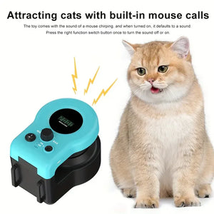 Cat toy with built-in mouse calls next to a cat on a white background