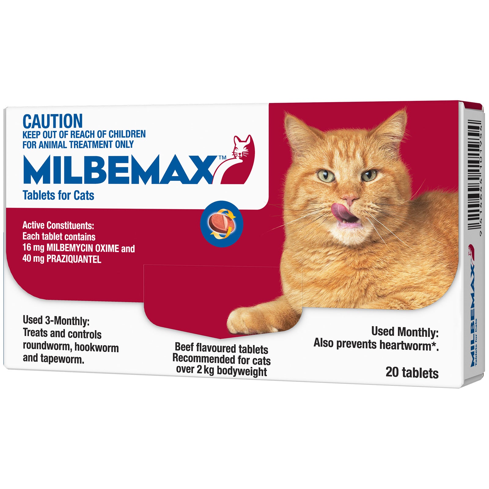 Milbemax 20 tablet packaging for cats with a cat image on a white background at Pet Servo