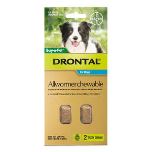 Drontal allwormer chewable for dogs packaging with a dog on the label.