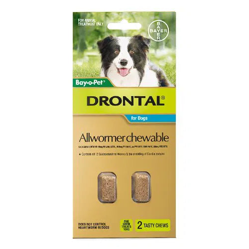 Drontal allwormer chewable for dogs packaging with a dog on the label.
