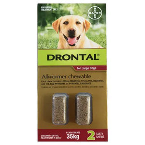 Drontal allwormer chewable for large dogs packaging with a dog on the label.