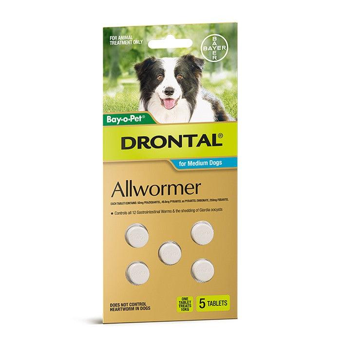Drontal allwormer packaging for medium dogs with a dog on the label.