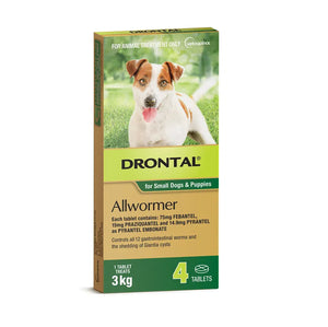 Drontal allwormer packaging for small dogs and puppies with a dog on the label.