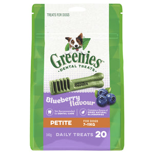 Greenies dental treats 340 gm packaging for dogs with blueberry flavor on a white background at Pet Servo