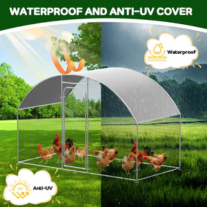 Chicken coop with waterproof and anti-UV cover, showing chickens in a grassy area.