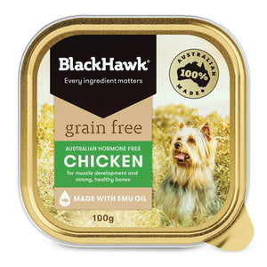 Black Hawk grain-free chicken dog food container with a dog on the label at Pet Servo