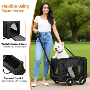 Woman pushing a pet stroller with a dog, featuring text on product features.