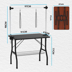 Black folding table with dimensions on a white background at Pet Servo