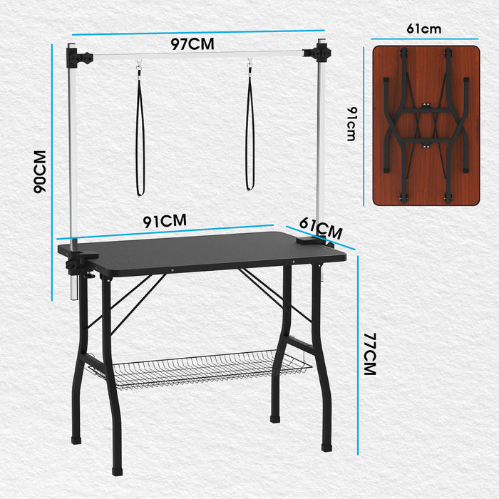 Black folding table with dimensions on a white background at Pet Servo
