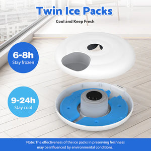 Twin ice packs with text indicating cooling and freshness duration on a white background at Pet Servo