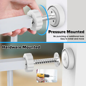 Two methods of mounting a white door handle with text indicating pressure and hardware mounting at Pet Servo