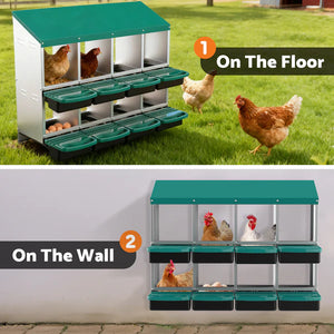 Chicken coop on the floor and wall with chickens around, on a grassy and concrete background at Pet Servo