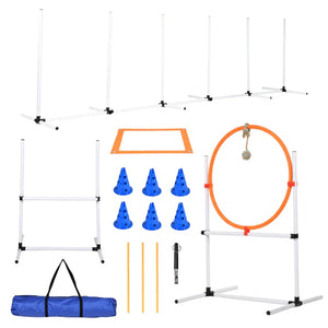 Dog agility training equipment set with hurdles, cones, and a hoop on a white background at Pet Servo