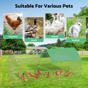 Outdoor pet enclosure with chickens, ducks, geese, and a rabbit in a garden setting.