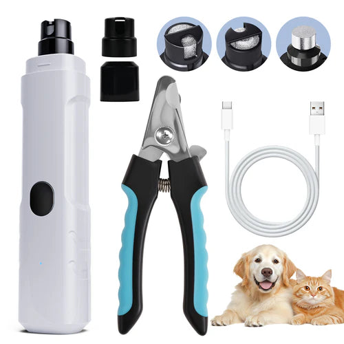 Pet grooming tool set with nail clippers, cable, and attachments on a white background at Pet Servo