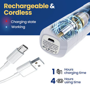 Rechargeable and cordless device with USB cable, charging state indicator, and usage time details at Pet Servo