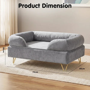 A gray velvet pet bed with gold metal legs, shown in a room setting with overlaid dimension lines and text indicating measurements of 70cm length, 48cm width, and 36cm height at Pet Servo