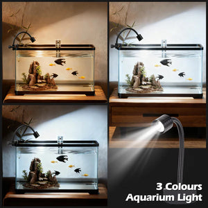 Aquarium light with different color options displayed on a wooden stand.