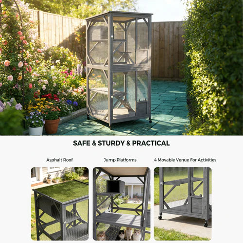 Outdoor cat enclosure with garden and text highlighting features at Pet Servo