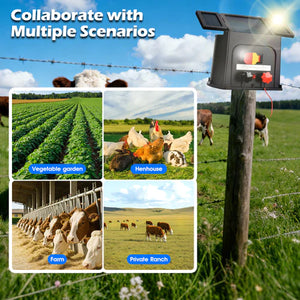 Solar-powered animal control device with images of a vegetable garden, henhouse, farm, and private ranch at Pet Servo