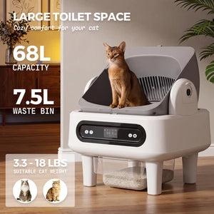 Pet toilet with cat inside, displaying capacity and weight suitability on a wooden floor at Pet Servo