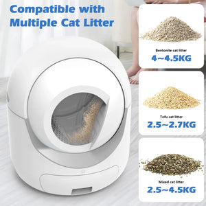 White pet litter disposal system with text indicating compatibility with multiple cat litters.