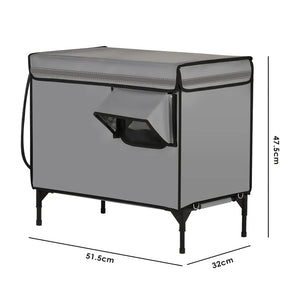 Gray storage box with dimensions indicated on a white background