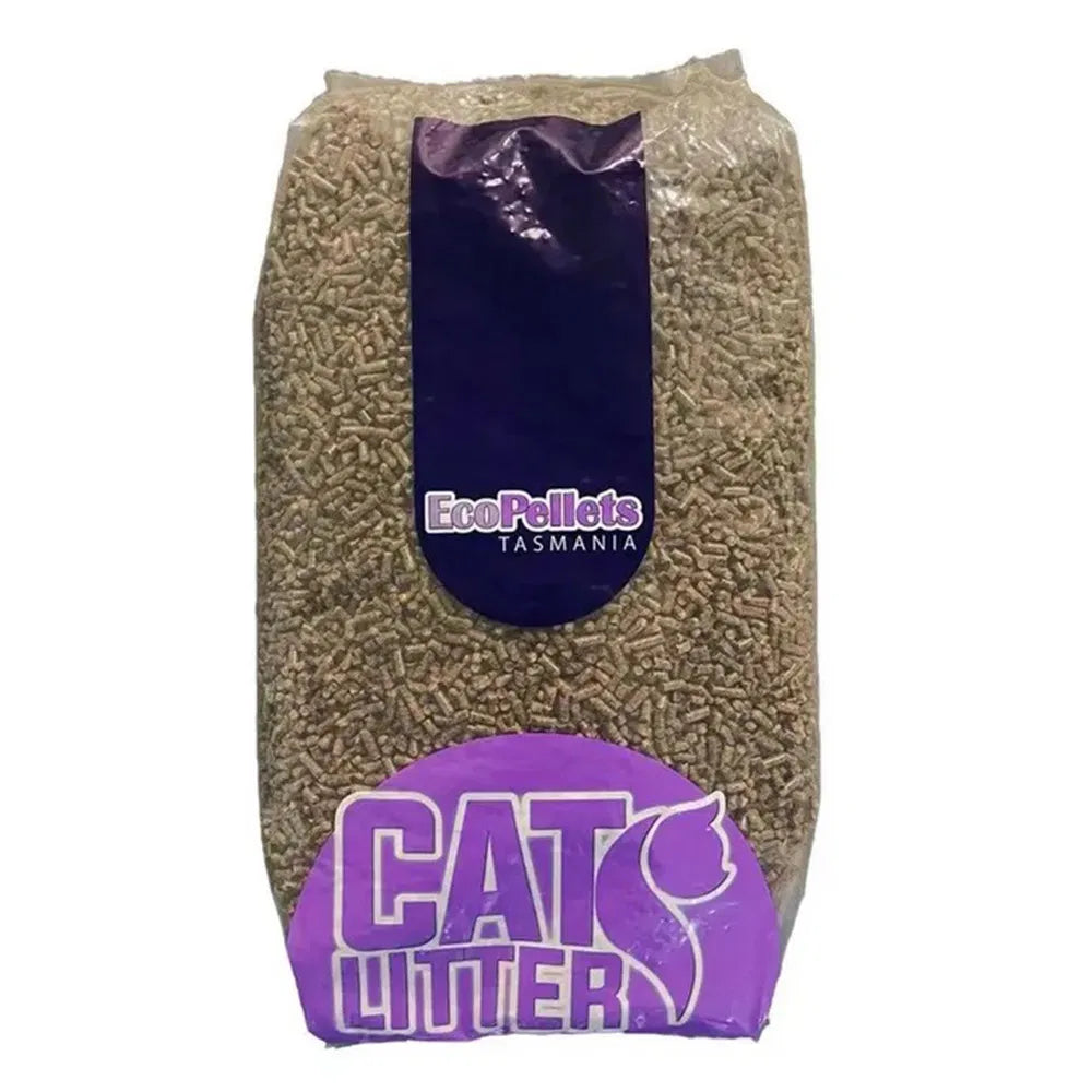 Bag of cat litter with 'EcoPellets Tasmania' branding on a white background at Pet Servo