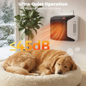 Dog resting on a bed with a wall-mounted electric heater labeled 'Ultra-Quiet Operation' and '45dB' at Pet Servo