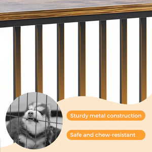 Wooden deck with metal railing and a dog peeking through the railing at Pet Servo