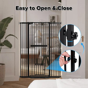 Black metal baby safety gate installed in a doorway, with text reading 'Easy to Open & Close' and two circular inset callouts showing the latch in closed and open positions. A hand is visible in one inset demonstrating the latch at Pet Servo
