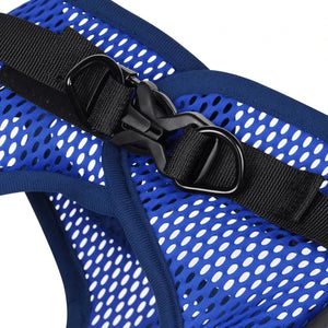 Close-up of a blue mesh pet harness with black adjustable straps and plastic quick-release buckles on a white background at Pet Servo