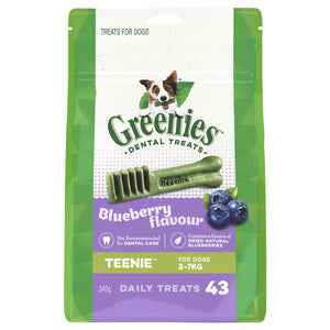Greenies dental treats 2-7kg in 340gm packaging for dogs with blueberry flavor on a white background at Pet Servo