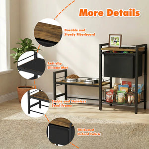 Pet feeding station with features highlighted on a beige carpeted floor at Pet Servo