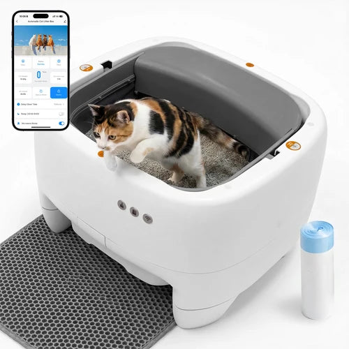 Smart pet litter box with a cat inside, app on phone, and water bottle on a white background at Pet Servo