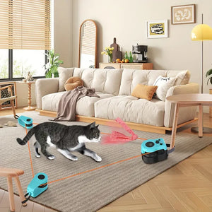 Cat playing with a laser pointer toy on a rug in a living room.