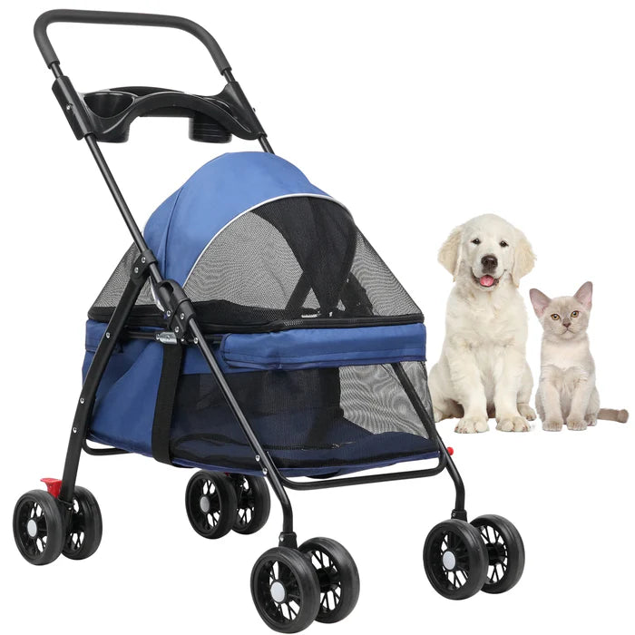 Blue pet stroller with a dog and cat on a white background at Pet Servo