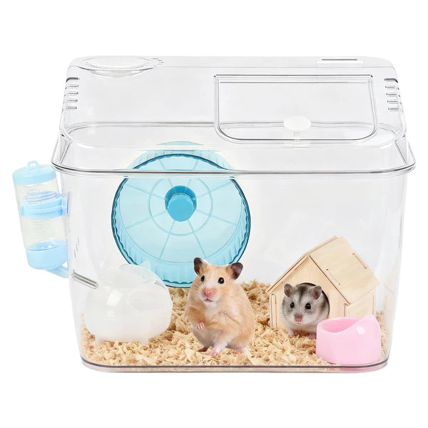 Clear hamster cage with blue wheel, wooden house, and food bowl on a white background