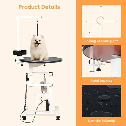 Pet grooming table with a dog on it, featuring a folding grooming arm, fixed desktop, and non-slip tabletop at Pet Servo