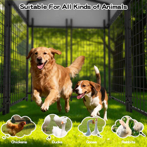 Two dogs running in a fenced area with images of chickens, ducks, geese, and rabbits at the bottom at Pet Servo