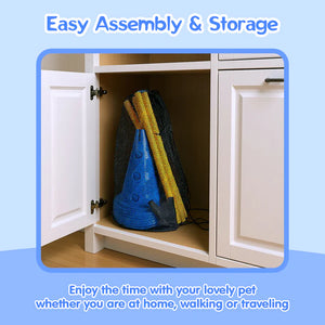 Cabinets with pet accessories inside, labeled 'Easy Assembly & Storage'.