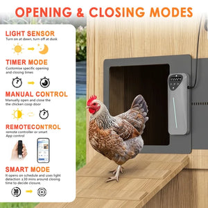 An automatic chicken coop door shown in a real outdoor setting with a brown chicken standing beside it. The right side shows the door and remote/control unit, while the left side has an informational panel titled 'OPENING & CLOSING MODES' with icons and text for light sensor, timer, manual control, remote control, smart mode, and app control at Pet Servo