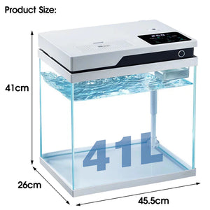 Small aquarium with dimensions and capacity labeled on a white background