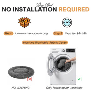 Instructions for using a machine washable fabric cover for a dog bed with a washing machine illustration at Pet Servo