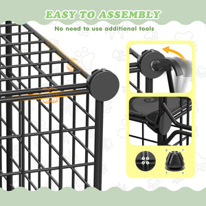 Black metal pet cage with assembly instructions on a light green background