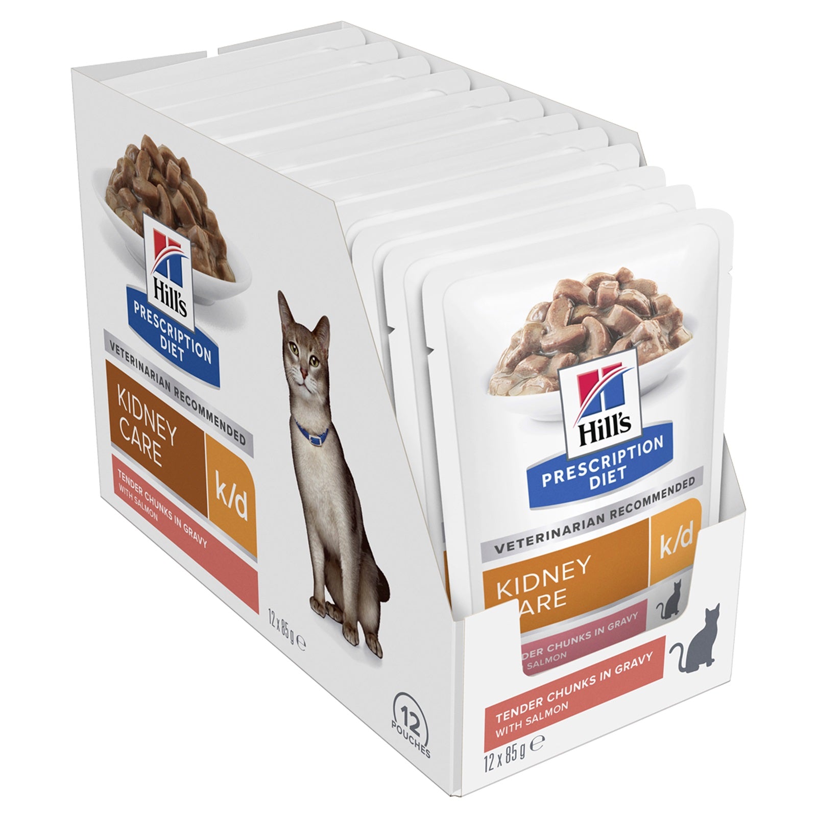 Box of Hills Prescription Diet k/d cat food packets on a white background