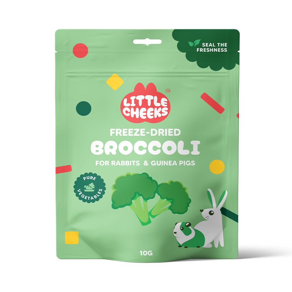 Green package of Little Cheeks freeze-dried broccoli for rabbits and guinea pigs on a white background at Petservo